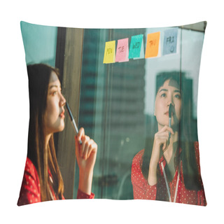 Personality  Beautiful Young Asian Thai Businesswoman In Red Shirt Reading Pose It Or Sticky Paper Note On Glass Wall. Pillow Covers