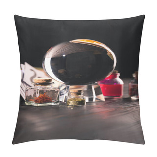 Personality  Selective Focus Of Occult And Mystical Objects On Wooden And Black  Pillow Covers