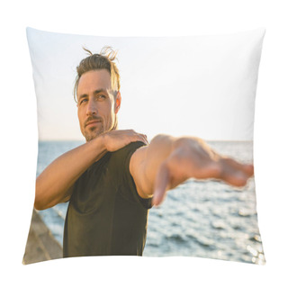 Personality  Adult Sportsman Stretching Arm Before Training On Seashore Pillow Covers