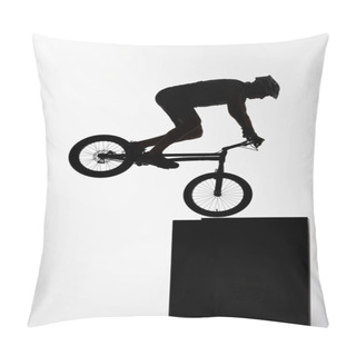Personality  Silhouette Of Trial Cyclist Performing Nollie While Balancing On Cube On White Pillow Covers