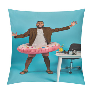 Personality  A Sharply Dressed Man In A Suit Is Playfully Holding A Large Inflatable Doughnut In His Hands, Showcasing A Whimsical And Unexpected Sight. Pillow Covers