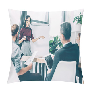 Personality  Young Asian Businesswoman Giving Presentation To Multiracial Colleagues In Conference Hall Pillow Covers