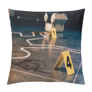 Personality  Chalk Outline, Blood Stain, Investigation Kit And Evidence Markers At Crime Scene Pillow Covers