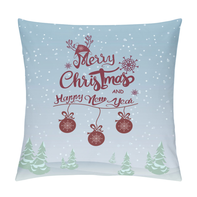 Personality  Vector With Merry Christmas And Happy New Year Lettering Near Christmas Balls And Falling Snow On Blue Pillow Covers