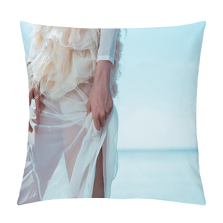 Personality  Cropped View Of Adult Woman In White Swan Costume Standing On Blue Sky Background Pillow Covers