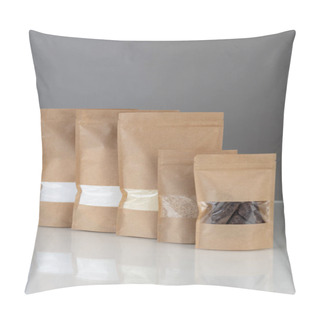Personality  Brown Kraft Paper Doypack Bags With Groceries Front View On Gray Background. Packaging For Foods And Goods Template Mock-up. Packs With Windows For Weight Products. Pillow Covers
