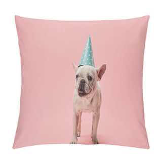 Personality  French Bulldog With Dark Nose And Blue Birthday Cap On Pink Background Pillow Covers