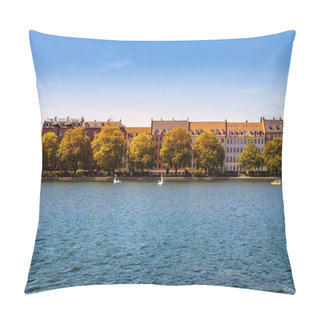 Personality  COPENHAGEN, DENMARK - MAY 6, 2018: Scenic View Of Cityscape, Trees And River Under Clear Blue Sky  Pillow Covers