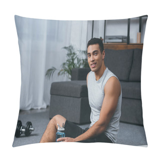 Personality  Happy Bi-racial Man Sitting With Sport Bottle In Home Gym  Pillow Covers
