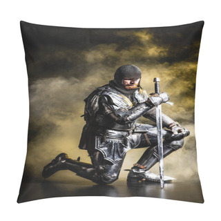 Personality  Handsome Knight In Armor Holding Sword And Bend Knee On Black Background Pillow Covers