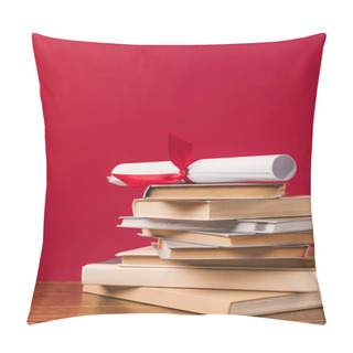 Personality  Diploma On Top Of Stack Of Books On Red Pillow Covers