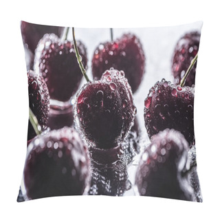Personality  Close Up View Of Red Ripe Cherries With Water Drops On Wet Surface  Pillow Covers
