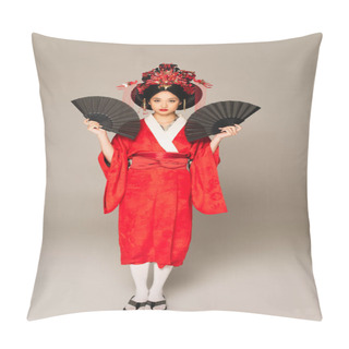 Personality  Asian Woman In Traditional Clothes Holding Black Fans On Grey Background  Pillow Covers