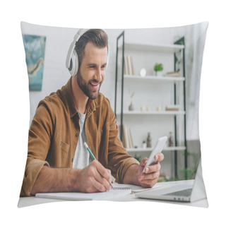 Personality  Smiling Man Using Smartphone And Laptop, Writing In Notebook  Pillow Covers