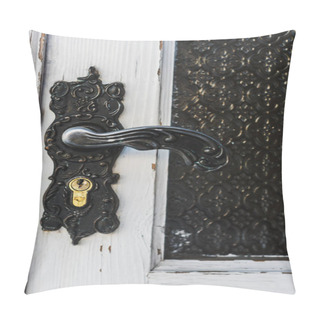 Personality  Close Up Of Ironshod Handle With Lock On White Wooden Door Pillow Covers