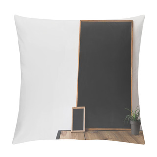 Personality  Different Blackboards And Potted Plant On Wooden Table On White  Pillow Covers