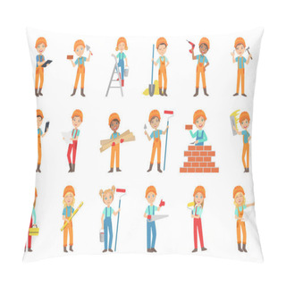 Personality  Children Doing Construction Work Set Of Bright Color Isolated Vector Drawings In Simple Cartoon Design Pillow Covers