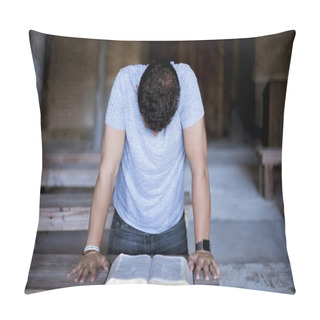 Personality  Closeup Shot Of A Male Reading The Bible On A Wooden Table With A Blurred Background Pillow Covers