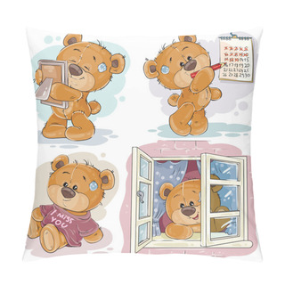 Personality  Set Vector Clip Art Illustrations Of Bored Teddy Bears. Pillow Covers