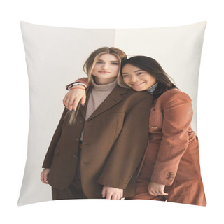 Personality  Young Stylish Model Posing With Happy Asian Woman On White Pillow Covers