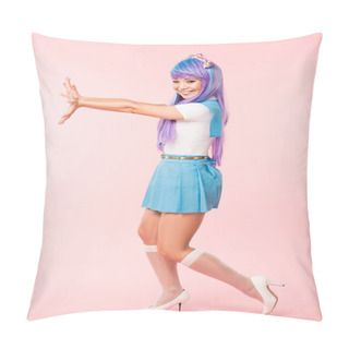 Personality Full Length View Of Smiling Otaku Girl In Purple Wig Posing On Pink Pillow Covers