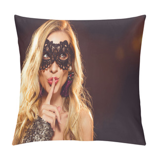 Personality  Attractive Blonde Woman In Carnival Mask With Silence Gesture Pillow Covers