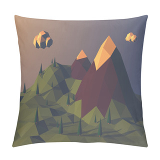 Personality  Low Poly Mountains Landscape Vector Background. Polygonal Shapes Peaks With Snow On Top And Trees Around. Sunset Wallpaper. Pillow Covers