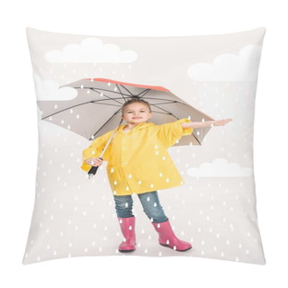 Personality  Pretty Child In Rubber Boots, Yellow Raincoat With Umbrella, Rainy Weather Pillow Covers