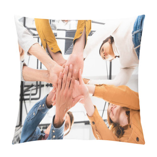 Personality  Bottom View Of Multicultural People Holding Hands And Smiling On Blurred Background  Pillow Covers