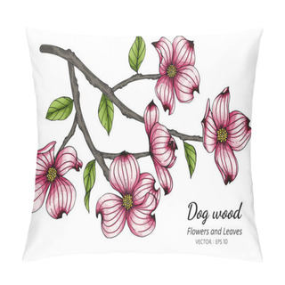 Personality  Pink Dogwood Flower And Leaf Drawing Illustration With Line Art On White Backgrounds. Pillow Covers