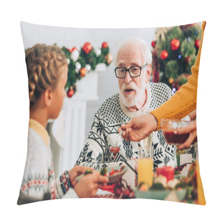 Personality  Selective Focus Of Grandfather Talking To Girl At Festive Table Near Fireplace Pillow Covers