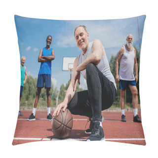 Personality  Selective Focus Of Multiethnic Elderly Sportsmen With Basketball Ball On Playground Pillow Covers