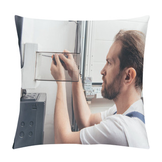 Personality  Focused Adult Male Electrician Repairing Electrical Box By Screwdriver  Pillow Covers