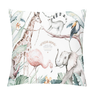 Personality  Watercolor Illustration Of African Animals: Lemur, Flamingo And Giraffe, Toucan And Rhipo, Rhino And Elephant Isolated White Background. Safari Savannah Animals. Pillow Covers