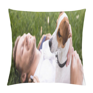 Personality  Horizontal Concept Of Man Lying On Lawn With Closed Eyes And Cuddling Jack Russell Terrier Dog Pillow Covers