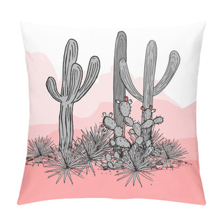 Personality  Cacti Group. Prickly Pear Cactus, Blue Agaves, And Saguaro. Mexico Hand Drawn Card. Vector Illustration. Stylish Palette. Mountains Background Pillow Covers