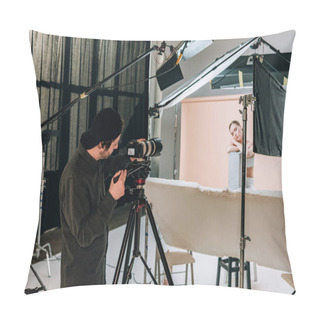 Personality  Cameraman Shooting Attractive Model In Photo Studio With Spotlights Pillow Covers