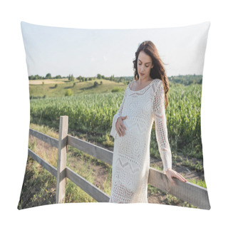 Personality  Brunette Pregnant Woman Standing At Wooden Fence In Field Pillow Covers