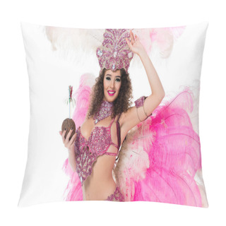 Personality  Woman In Carnival Costume Holding Coconut With Straws And Looking At Camera With Hand On Forehead, Isolated On White  Pillow Covers