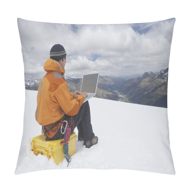 Personality  Hiker Using Laptop On Mountain Pillow Covers