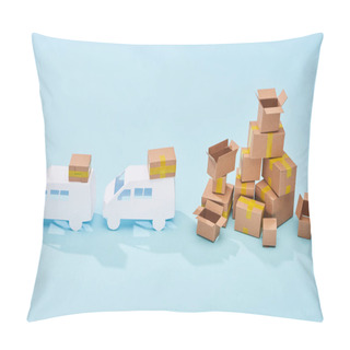 Personality  White Mini Vans Near Pile Of Cardboard Boxes On Blue Background Pillow Covers