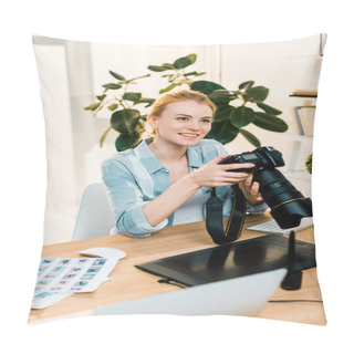 Personality  Beautiful Smiling Young Photographer Holding Camera While Working In Office  Pillow Covers