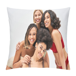 Personality  Positive Multiethnic Women In Colorful And Modern Lingerie Looking At Camera While Posing Together Isolated On Grey, Different Body Types And Self-acceptance Concept, Multicultural Models Pillow Covers