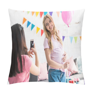Personality  Girl Taking Photo Of Pregnant Friend At Baby Shower Party Pillow Covers