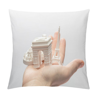 Personality  Cropped View Of Man Holding Small Souvenirs From Paris Isolated On Grey  Pillow Covers