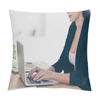 Personality  Cropped Portrait Of Busy Hardworking Woman Holding Hands On Keypad Texting Surfing Analyzing Expertising Working On Project Start Up In Work Place Pillow Covers