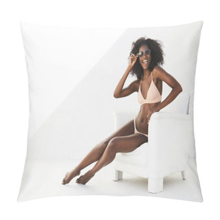 Personality  Young African Woman In Bikini And Shades, Sitting In Armchair Pillow Covers
