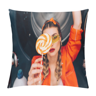 Personality  Sweet Lollipop In Hand Of Fashionable Woman In Sunglasses On Blurred Background Pillow Covers