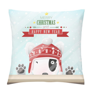 Personality  Merry Christmas And Happy New Year Background With Dog Standing Behind Window , Vector , Illustration Pillow Covers