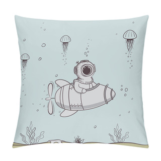 Personality  Funny Diver Floats On Submarine In The Deep Sea Pillow Covers